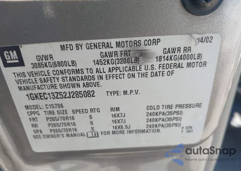 2002 GMC Yukon Slt from USA, damaged, VIN 1GKEC13Z52J285082